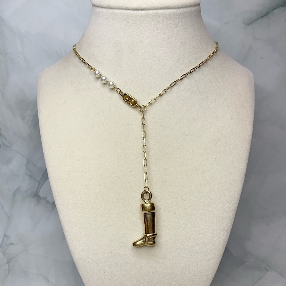 Upcycled Gold GG & Boot Charms Paper Clip Chain Lariat Necklace